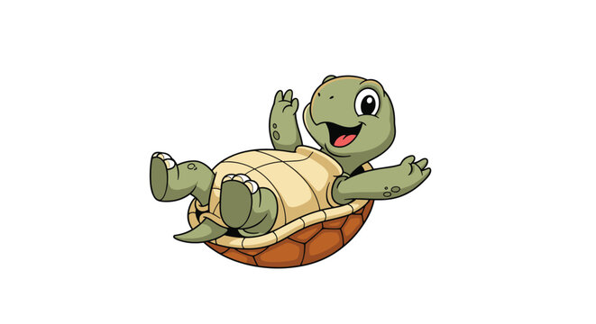 Happy little green turtle cartoon character lying on its brown shell and waving its arm on a white background.