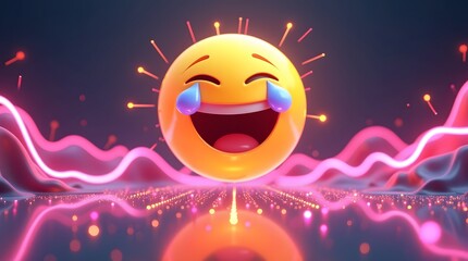 Fototapeta premium A vibrant laughing emoji surrounded by colorful neon lights and sparks