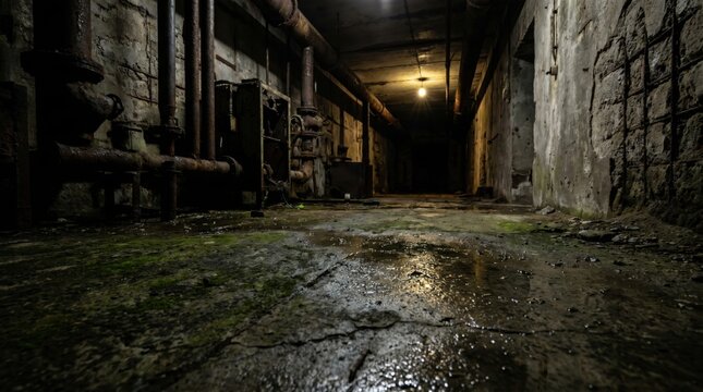 Dark Abandoned Underground Bunker Corridor with Rusty Pipes Damp Floors and Eerie Dim Lighting in an Old Industrial Basement
