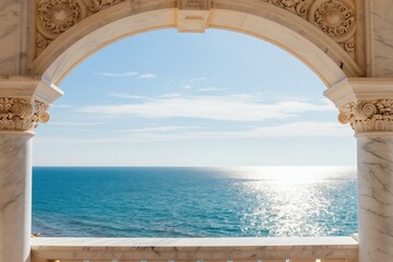 Obraz premium View of blue ocean and sky from ornate marble archway. Sunlight sparkles on calm water. Coastal architecture framing seascape. Perfect for travel and luxury lifestyle.