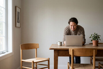 Fototapeta premium Man Working on Laptop at Home Office with Coffee Cup and Plants
