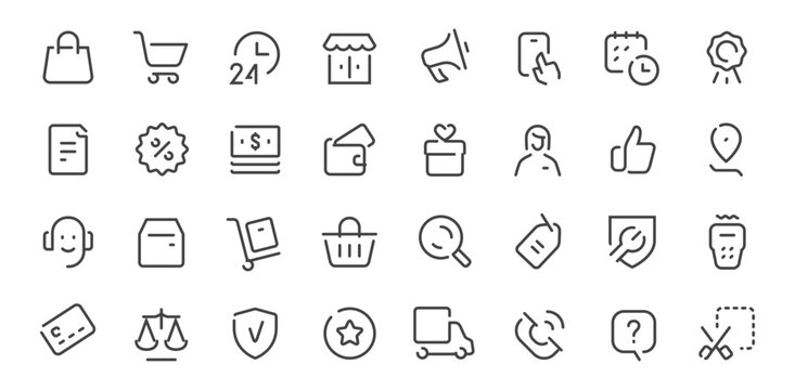 E-commerce and shopping line icons set with retail, delivery and customer service symbols