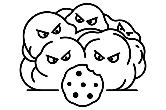 angry bitten cookie surrounded by menacing crowd cartoon line art illustration on white background, viruses eating cookies line art cyber war vector illustration on white background