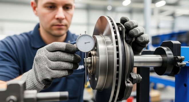 Brake disc inspection with dial gauge shows automotive quality control, component measurement and precise safety critical verification in manufacturing.