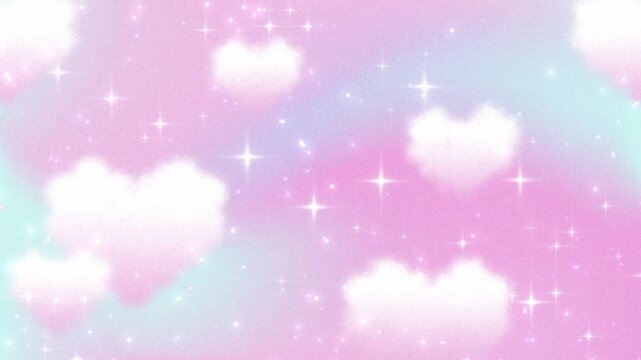 dreamy pastel gradient background with heart clouds and sparkling stars animation in the sky