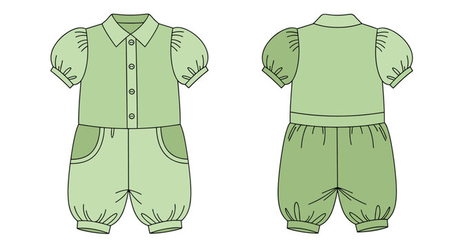 Front and back views of a cute green baby romper with short puff sleeves, buttons, collar, and small pockets.