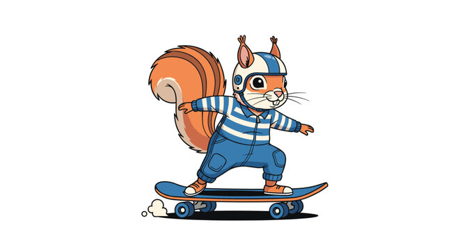 Cool cartoon squirrel riding a skateboard while wearing a helmet and striped sweater on a white background.