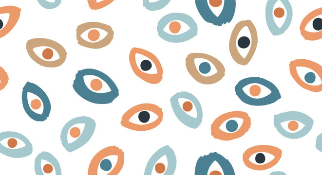 Seamless pattern of colorful hand drawn abstract eye shapes on a clean white background for modern design.