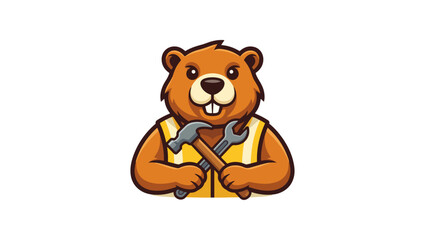 Fototapeta premium Tool Focus Beaver mascot with hammer and wrench close-up, construction tools focus, minimal vector logo, clean flat style, vector, illustration, face, funny, character, holding tools, helmet, circular