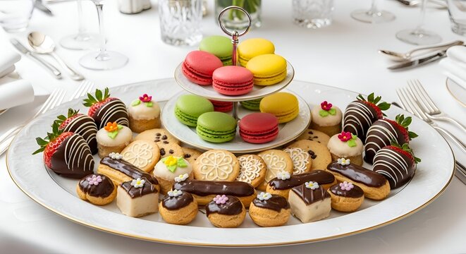 Elegant Tiered Dessert Platter with Macarons and Mini Pastries
Luxury High Tea Dessert Tower Assortment
Colorful Macaron and Petit Four Presentation
