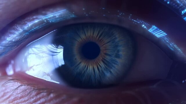 Close-up of a human eye with digital interface reflections. Represents the intersection of technology and human perception in the digital age