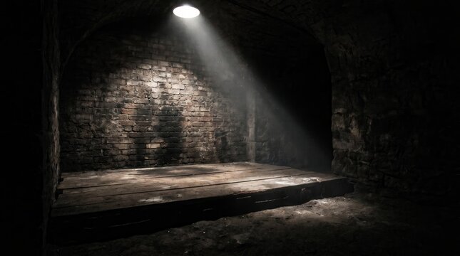 Dramatic Dark Stone Dungeon with Spotlight Beam on Empty Wooden Floor