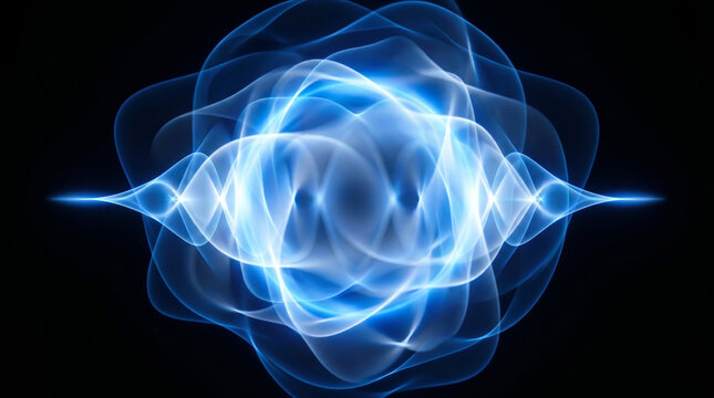 量子重ね合わせの抽象的表現。暗闇に広がる青と白の確率波と光の雲の背景画像