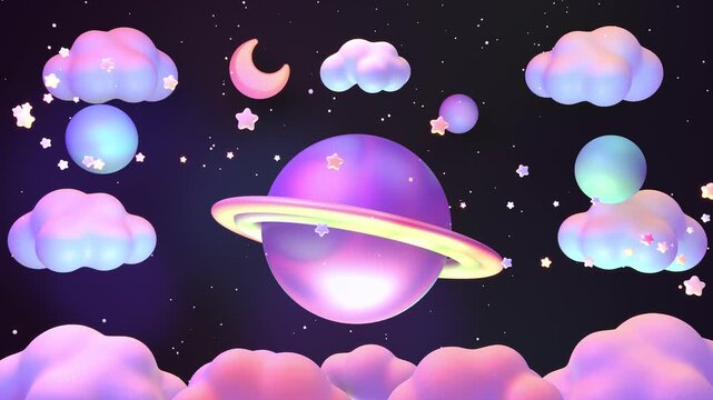 Glossy planet rotating in the dark sky, surrounded by stars and clouds animation. (loop)