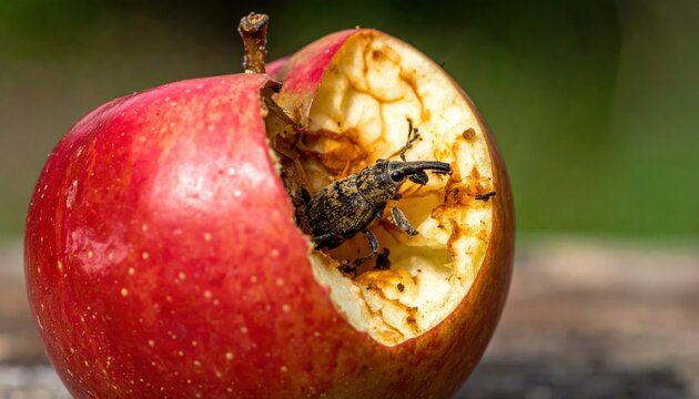 A Weevil Consumes a Ripe Apple, Revealing Delicate Destruction