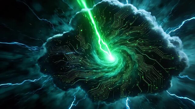 Sci-fi vortex structure with circuit board texture lightning and green light beams