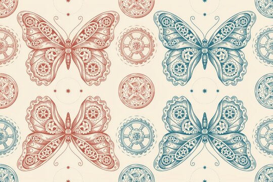 Seamless pattern featuring steampunk-style butterflies with mechanical gear wings and circular clockwork motifs in red and blue on a cream background