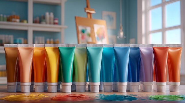Vibrant Collection of Acrylic Paint Tubes Arranged by Color Spectrum