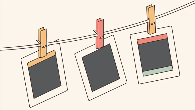 Cozy Polaroid Frames on Clothesline with Coffee and Flower Vector