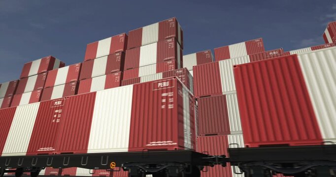 Peru export production and import containers on a freight wagons loop. Business concept of railway train transport and shipping with a Peruvian flag. 3D loopable and seamless animation.