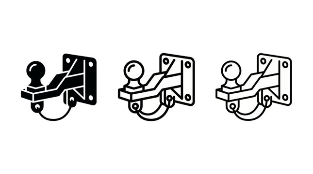 A vector illustration depicting a car tow hitch or trailer ball in three distinct icon styles including solid, outline and line art, illustrating vehicle accessories and transportation concepts