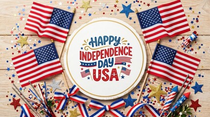 Obraz premium Happy Independence Day USA celebration with flags and confetti on a light wood background