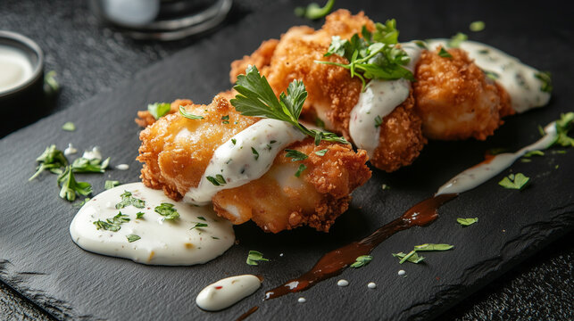 Close-up of deconstructed Chicken Kyiv served on a black slate board, featuring golden-fried crispy chicken pieces drizzled with a creamy garlic herb sauce