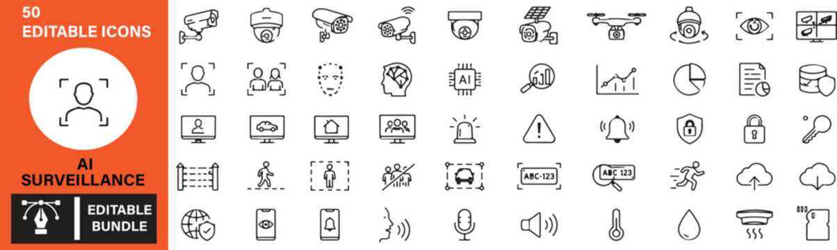 AI Surveillance Vector Icon Set &ndash; 50 Smart Security, Facial Recognition, CCTV Monitoring, Machine Learning & Cyber Protection Outline Icons Bundle