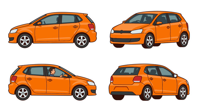 Vector illustration of an orange hatchback car from four angles