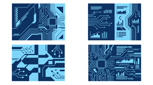 Blue digital circuit board and technology interface vector set