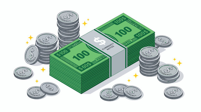 Isometric illustration of numerous green 100 dollar banknotes and silver currency coins, representing wealth and financial success