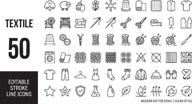 Collection of 50 textile editable stroke line icons in modern vector style