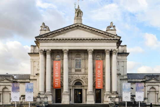 Tate Britain facade promoting free public access to art in London