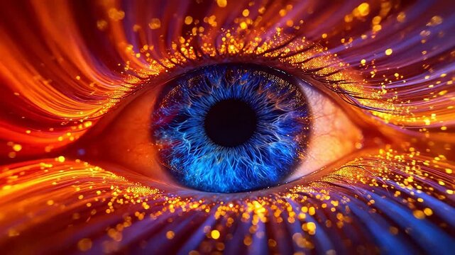 Close-up of eye with blue purple iris and red orange glowing light streams