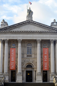 Tate Britain facade promoting free public access to art in London