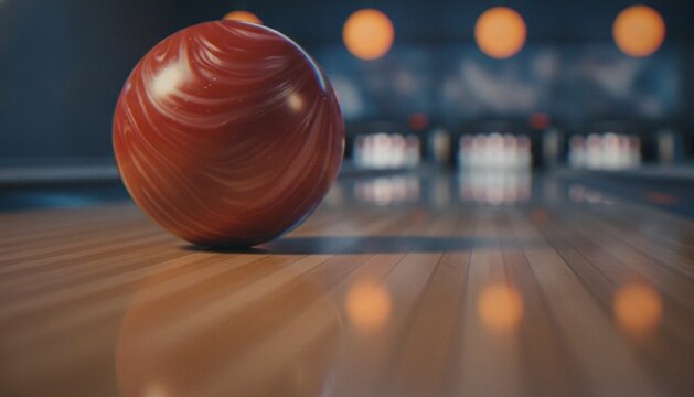 A close-up shot of a red marbled bowling ball resting on a polished wooden alley lane in a bowling alley, with out-of-focus pins in the background.