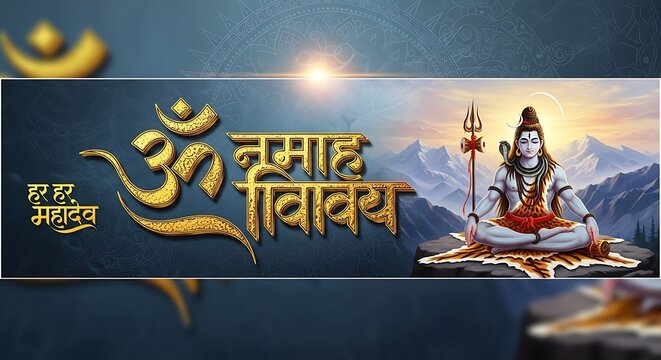 Lord shiva meditation banner with om namah shivaya mantra and mountain background