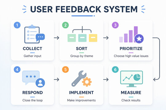 A diagram illustrates a six-step user feedback system: Collect, Sort, Prioritize, Respond, Implement, and Measure.