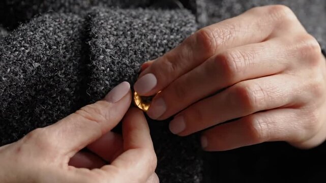 Woman's hands fastening a gold button on textured dark gray fabric
