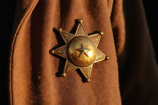 Shiny brass sheriff star emblem on brown duster coat. Vintage law enforcement badge, old west symbol. Authority, justice, and respect are implied by this classic metalwork.