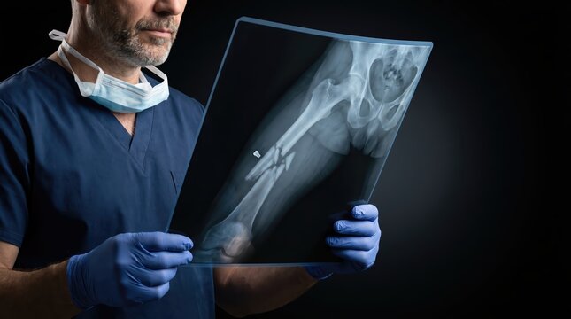 Doctor examining a broken arm xray image in a dark room.