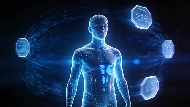 Translucent digital human body surrounded by glowing octagonal holographic interfaces