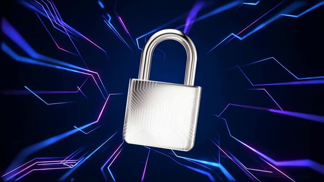 Digital padlock surrounded by vibrant neon lines. Symbolizing cybersecurity, data protection.