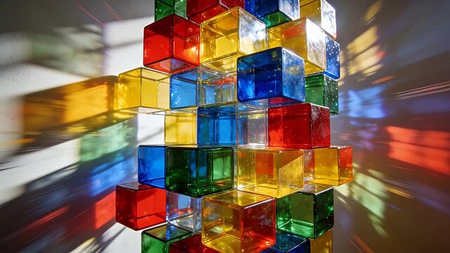 Multicolored glass cubes stacked in tower structure with refractive light and colorful spots