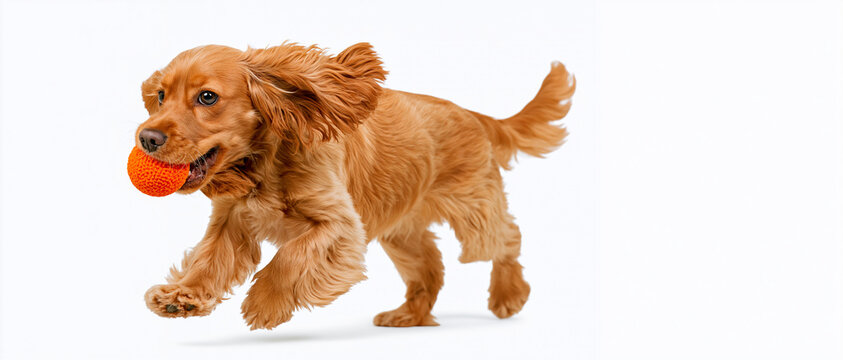 A happy cocker spaniel dog running with an orange ball in its mouth. The dog has long, floppy ears and a wagging tail, looking playful and energetic