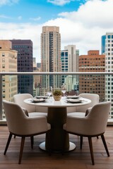 Obraz premium Round table with chairs set for meal on balcony overlooking city skyscrapers. Outdoor dining area ready for guests. Modern urban cafe terrace ambiance.