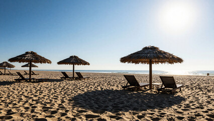 Fototapeta premium Quiet sandy beach resort with straw umbrellas and comfortable lounge chairs under bright sun