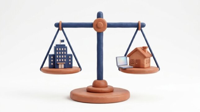 3D model of a balance scale with a corporate office building on one side and a home on the other, balanced by a central clock, representing hybrid work models and lifestyle balance.