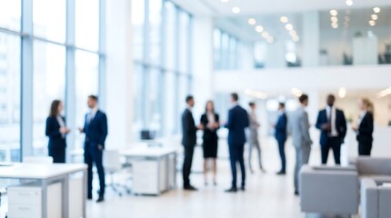 Fototapeta premium Blurred group of business professionals standing and networking in a bright corporate lobby with a glass facade and modern interior design during a business event