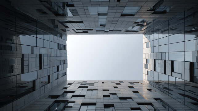 Modern Glass Skyscraper Facade Looking Upwards to Clear Sky.